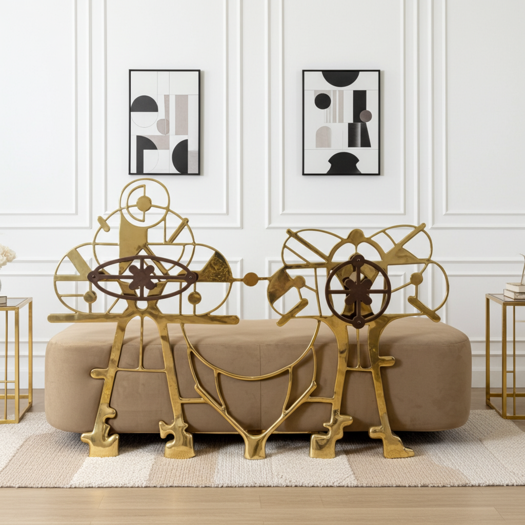 luxury handmade gold brass couch in front of a beige sofa with abstract wall art in the background.