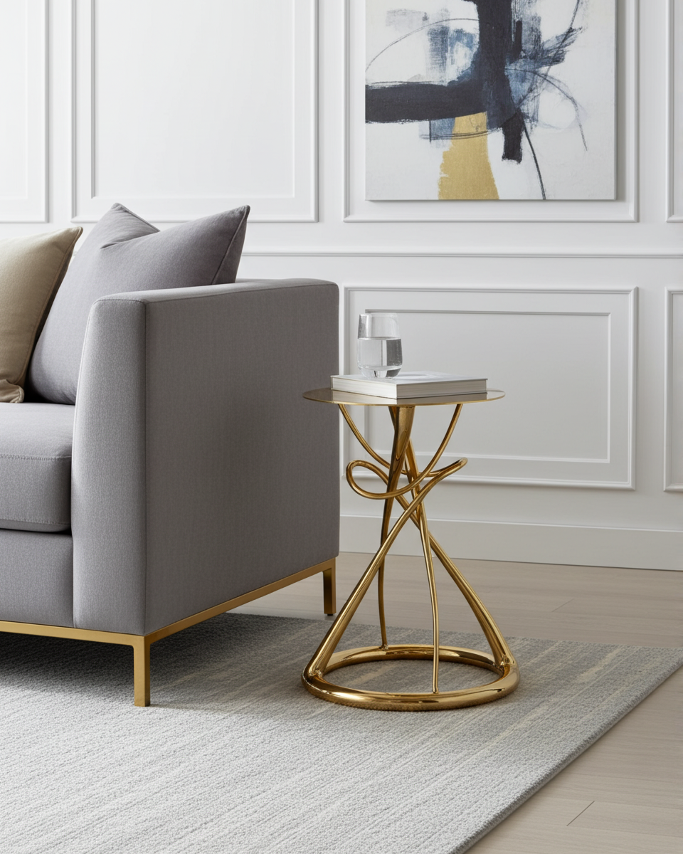 Modern living room with a gray sofa and a luxury handmade gold brass side table.