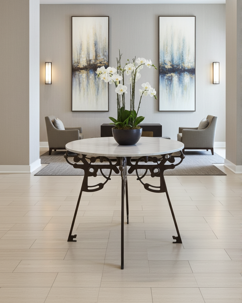 Modern interior with a luxury handmade round brass table with marble top, white orchids, and abstract wall art.