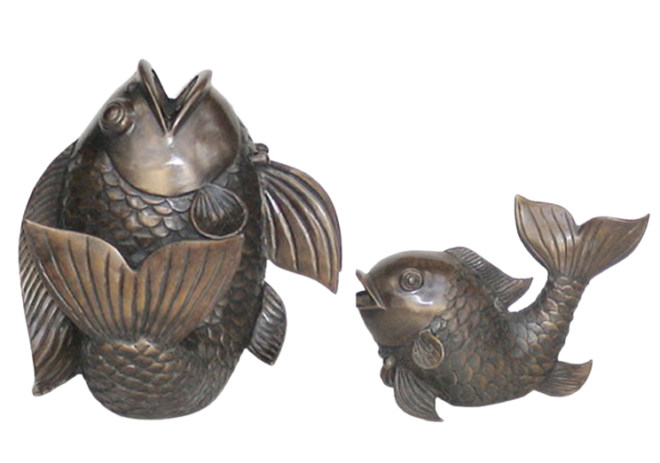 Two bronze luxury handmade furniture fish sculptures in different sizes, perfect for modern luxury decor, on a white background.