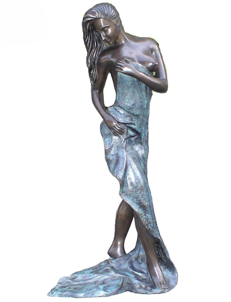Bronze luxury handmade furniture statue of a woman with flowing hair and dress, ideal for modern luxury decor, on a white background