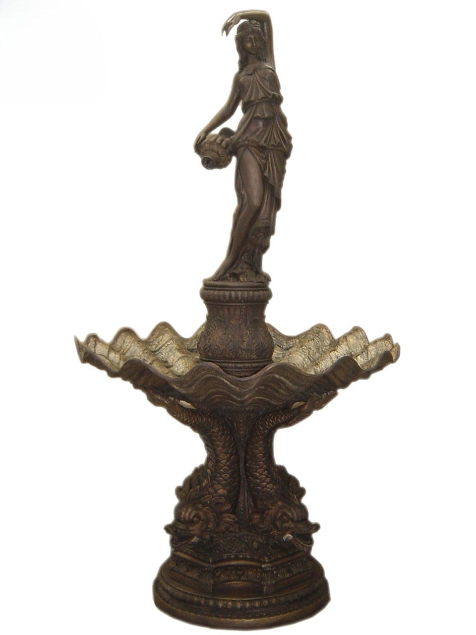 Bronze fountain of a figure on a pedestal with intricate details against a white background