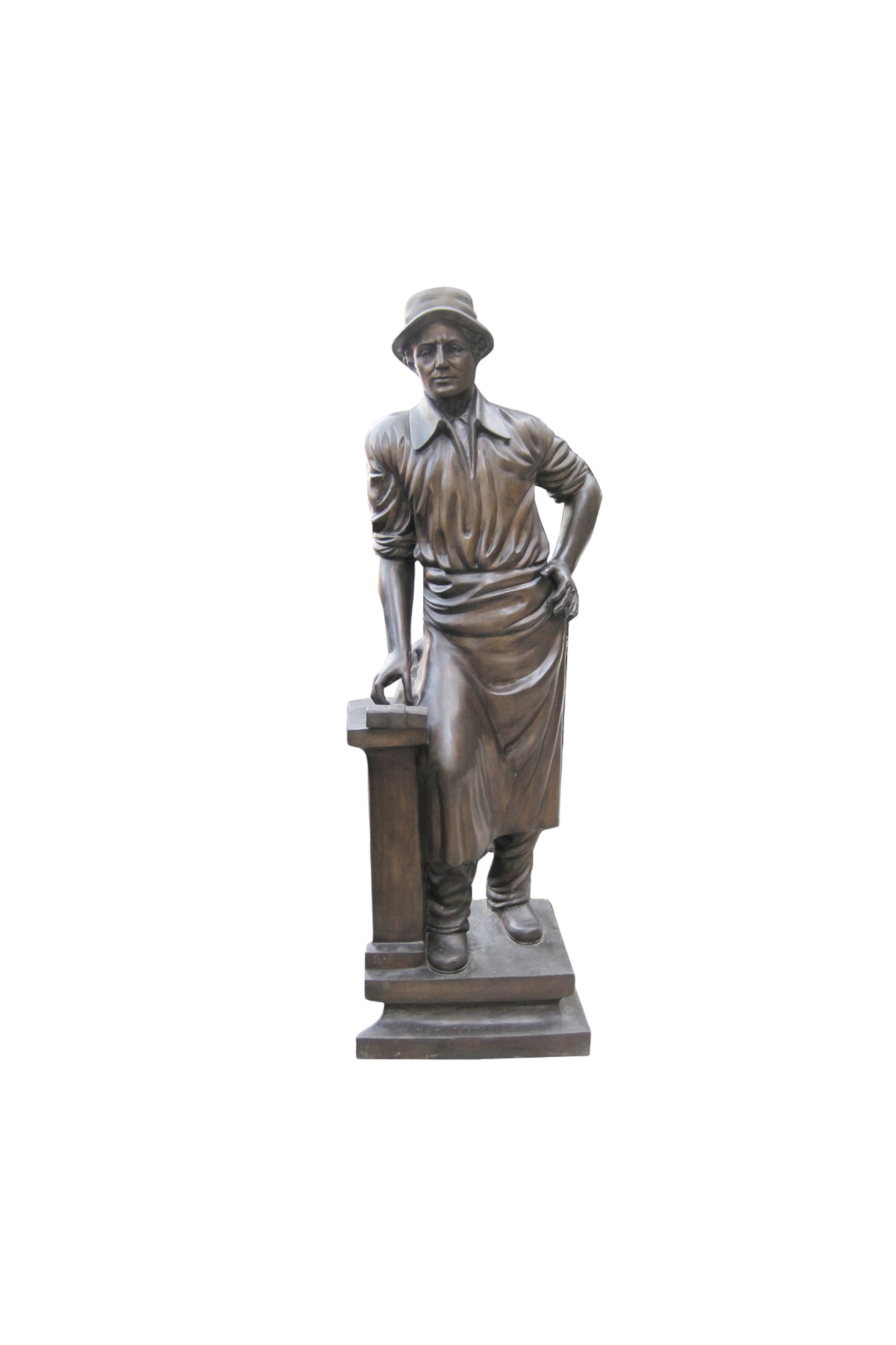 Bronze statue of a man in a hat and shirt with a hammer on a white background