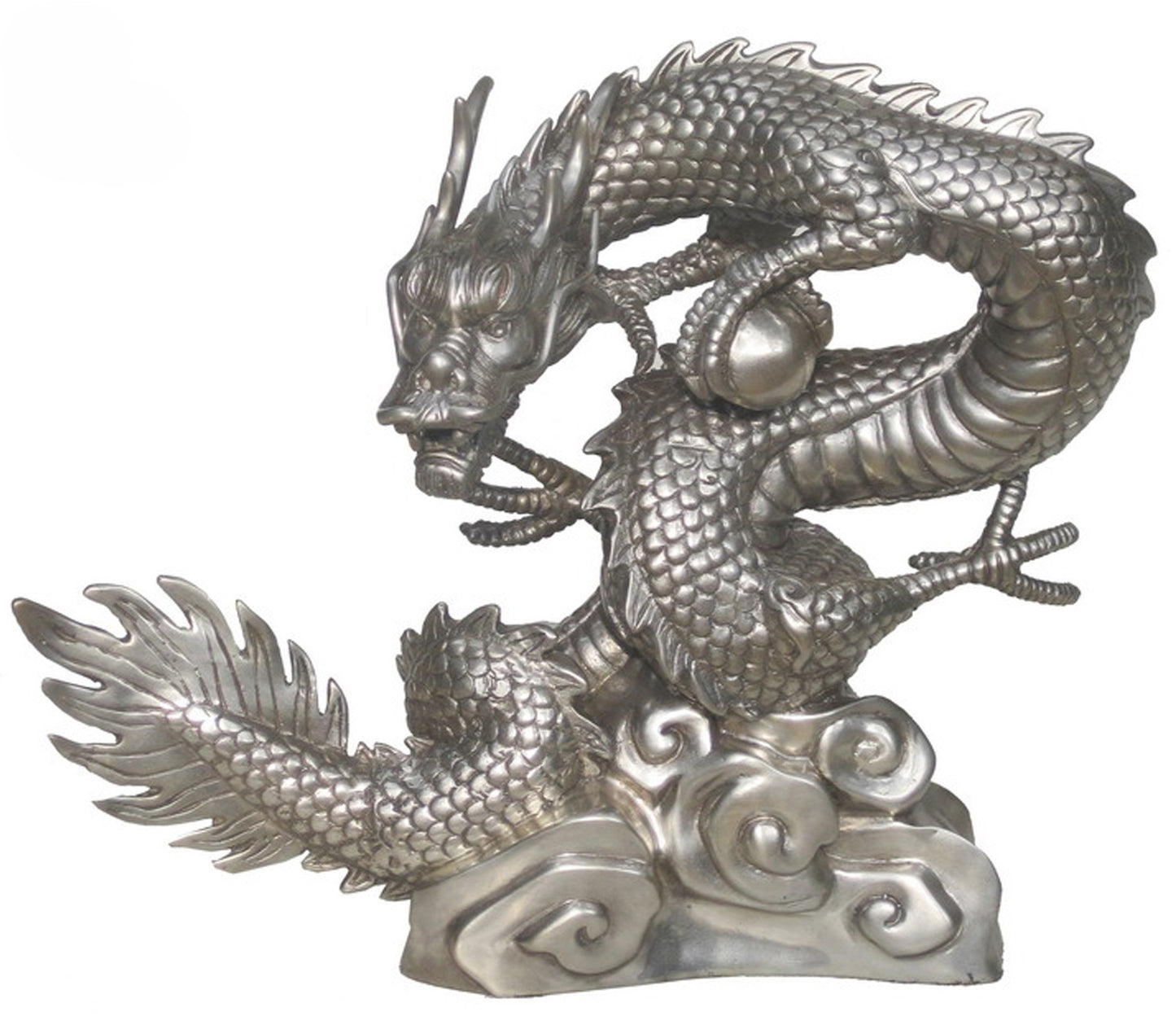 Silver luxury handmade furniture dragon sculpture, ideal for modern luxury decor, on a white background.