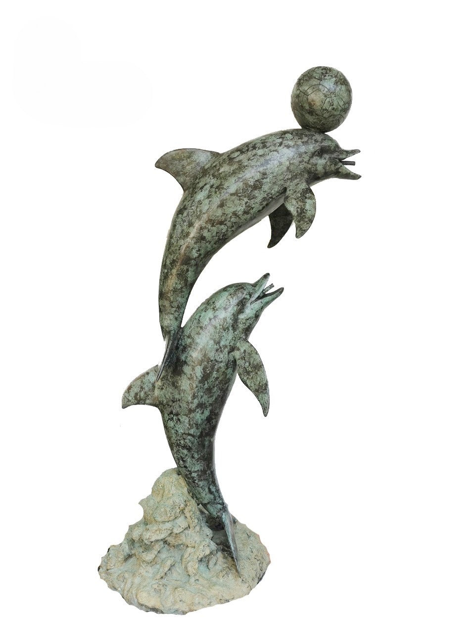 Luxury handmade furniture bronze statue of two dolphins in a playful pose, one with a ball on its head, perfect for modern luxury decor, on a white background.