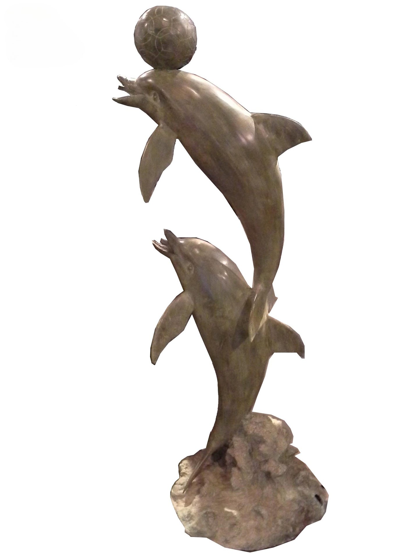 Luxury handmade furniture bronze statue of two dolphins in a playful pose, one with a ball on its head, perfect for modern luxury decor, on a white background. In a different color