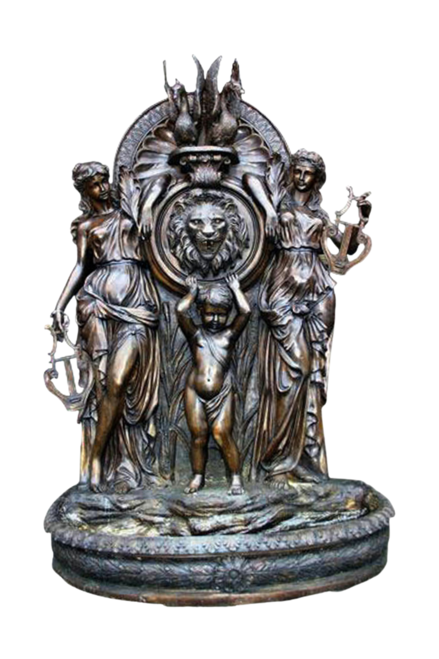 Bronze statue with figures and a central lion emblem on a white background