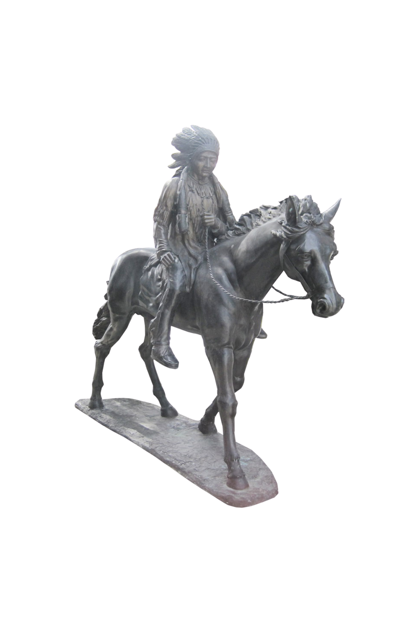 A native american man riding a horse on a white background.