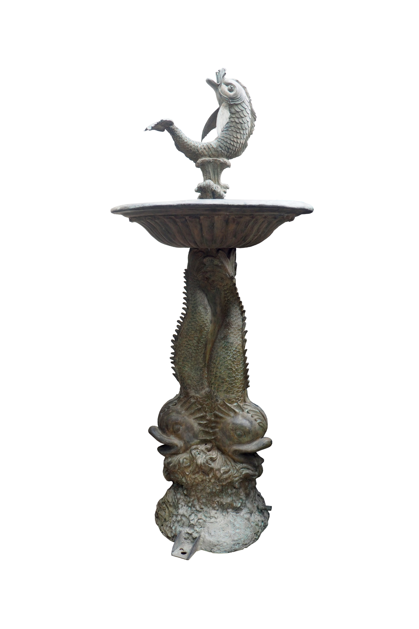 Bronze Decorative outdoor fountain with fish sculpture on a white background