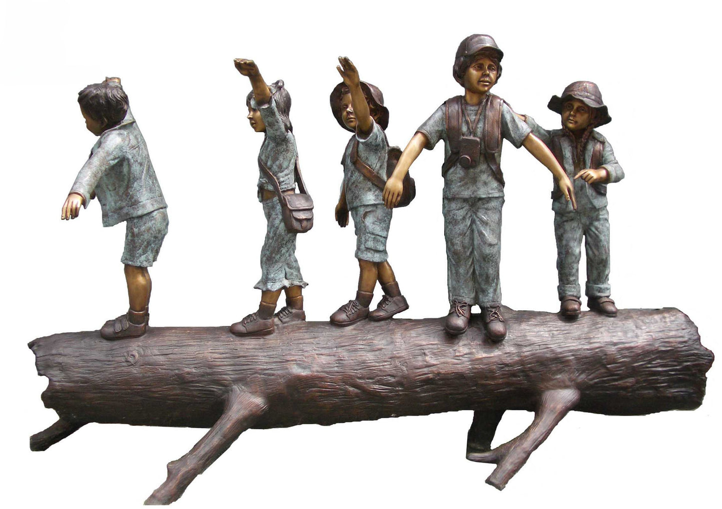 Bronze luxury handmade furniture sculpture of five children sitting on a log, perfect for modern luxury decor, on a white background.