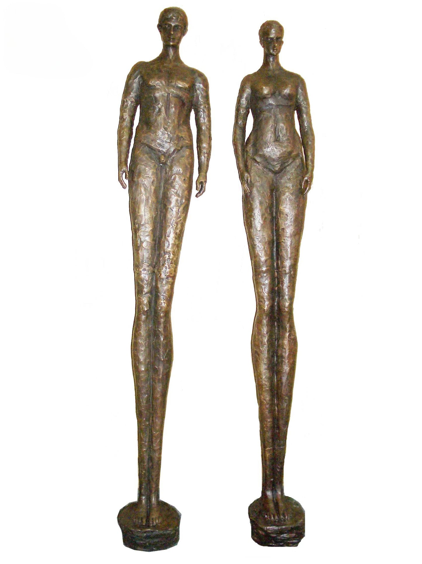 Two bronze luxury handmade furniture statues of standing figures, ideal for modern luxury decor, on a white background.