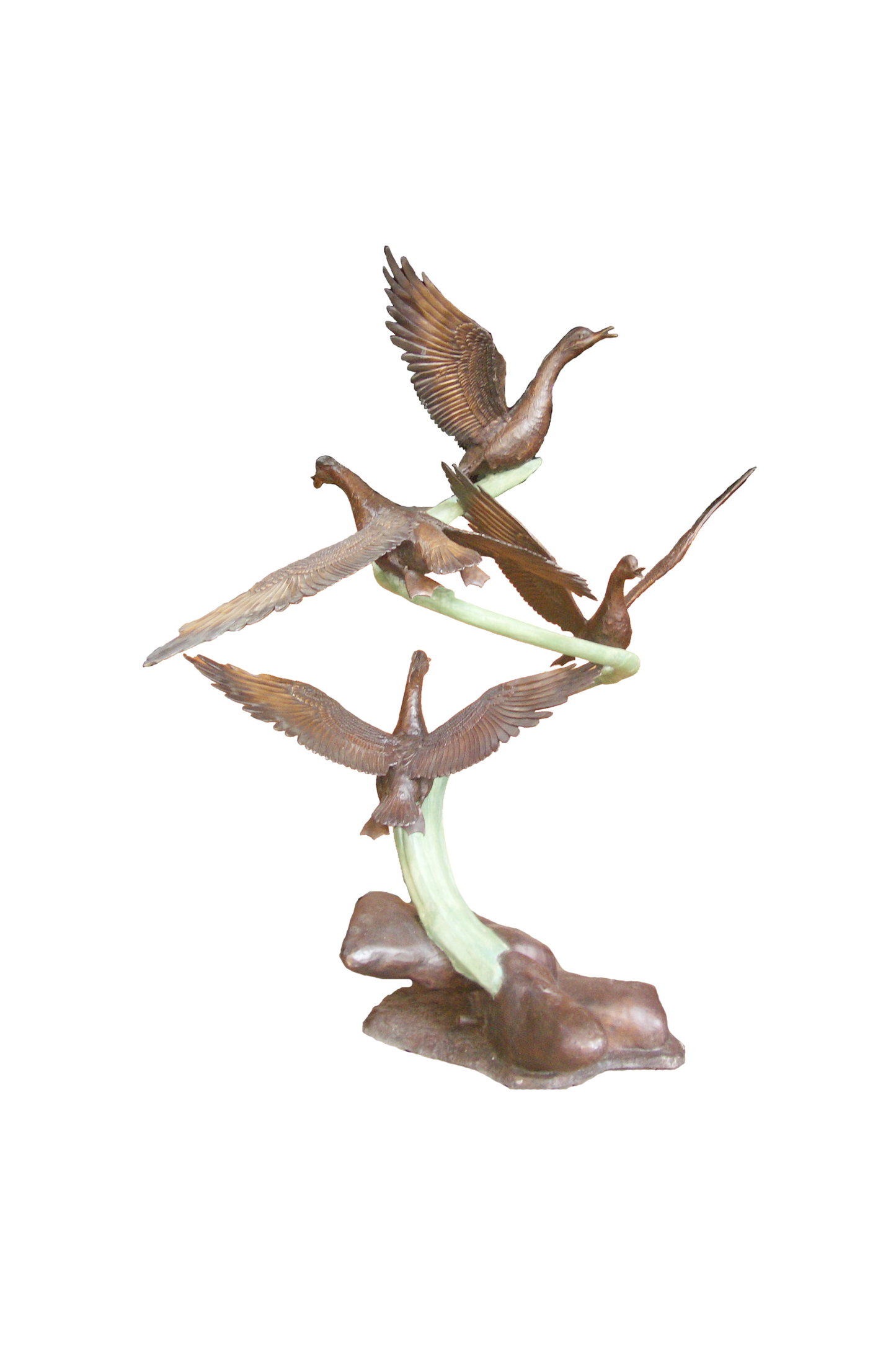 a group of flying ducks on a white background.