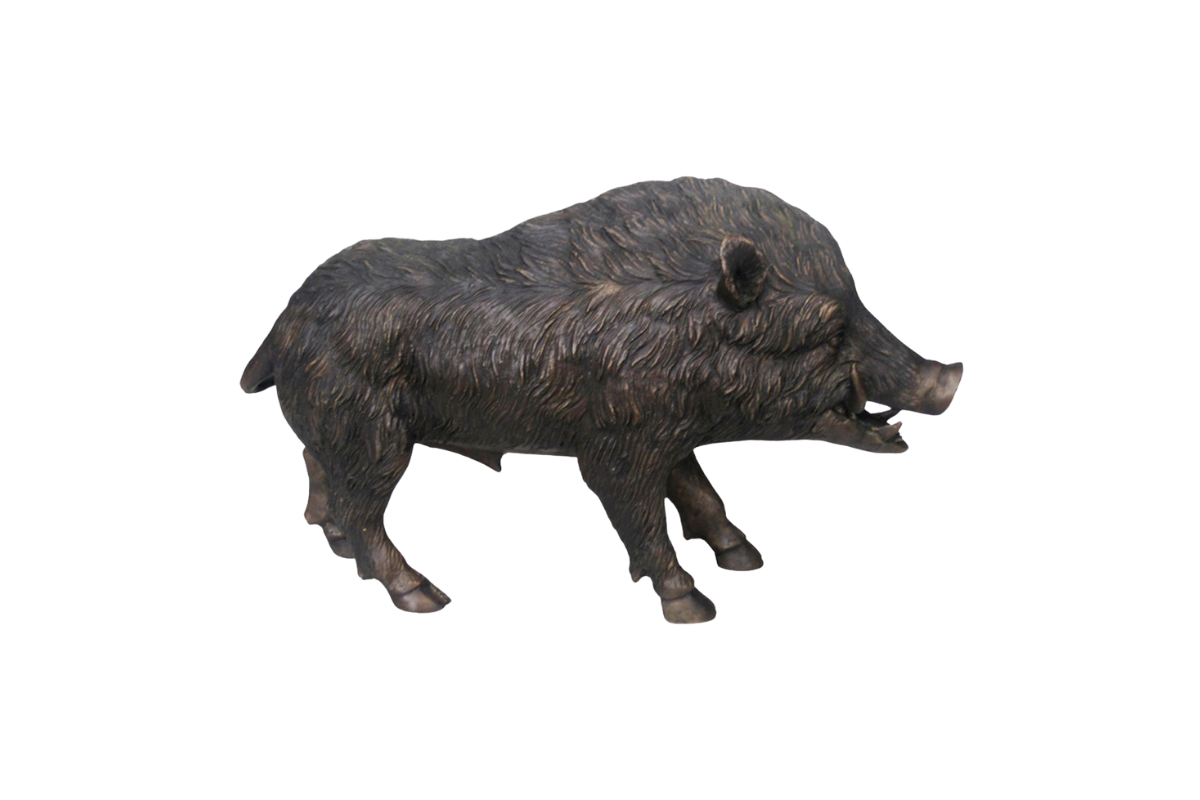 Bronze statue of a boar on a white background