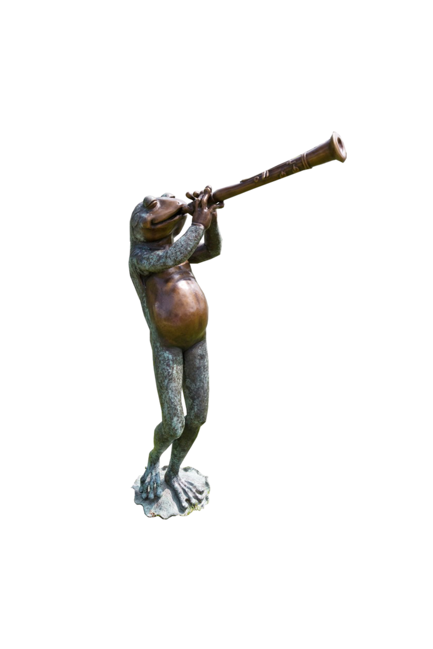 A bronze sculpture of a frog playing the clarinet on a white background.