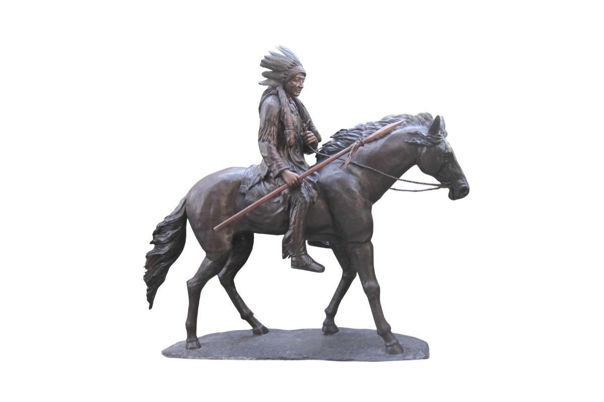 Bronze statue of a Native American on horseback with a spear, on a white background