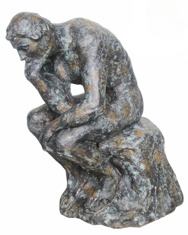Bronze luxury handmade furniture statue of a thinker, perfect for modern luxury decor, on a white background. Side angle