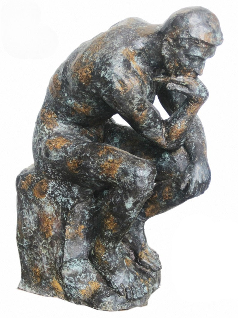 Bronze luxury handmade furniture statue of a thinker, perfect for modern luxury decor, on a white background.