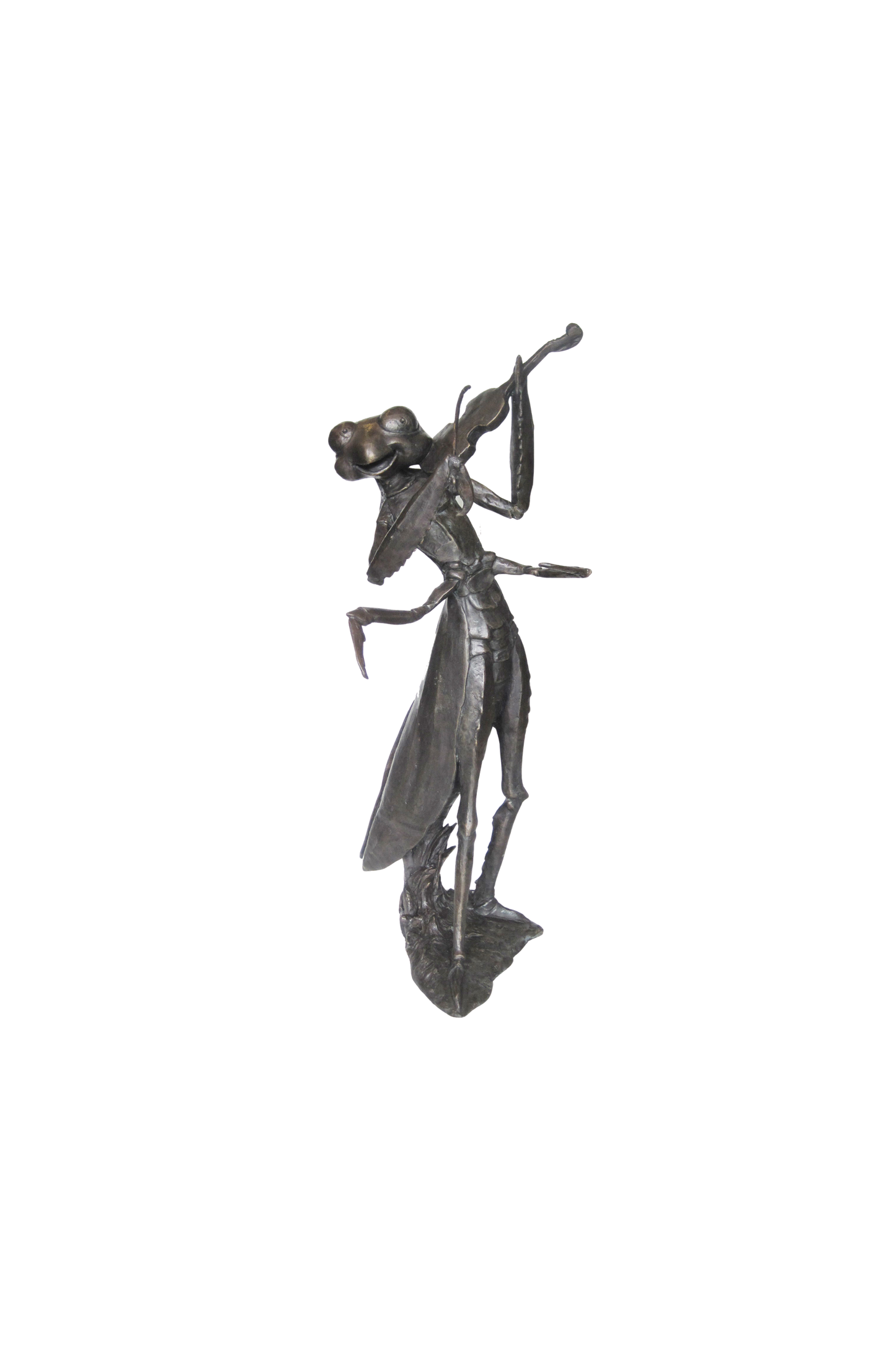 bronze grasshopper figurine on a white background playing the violin