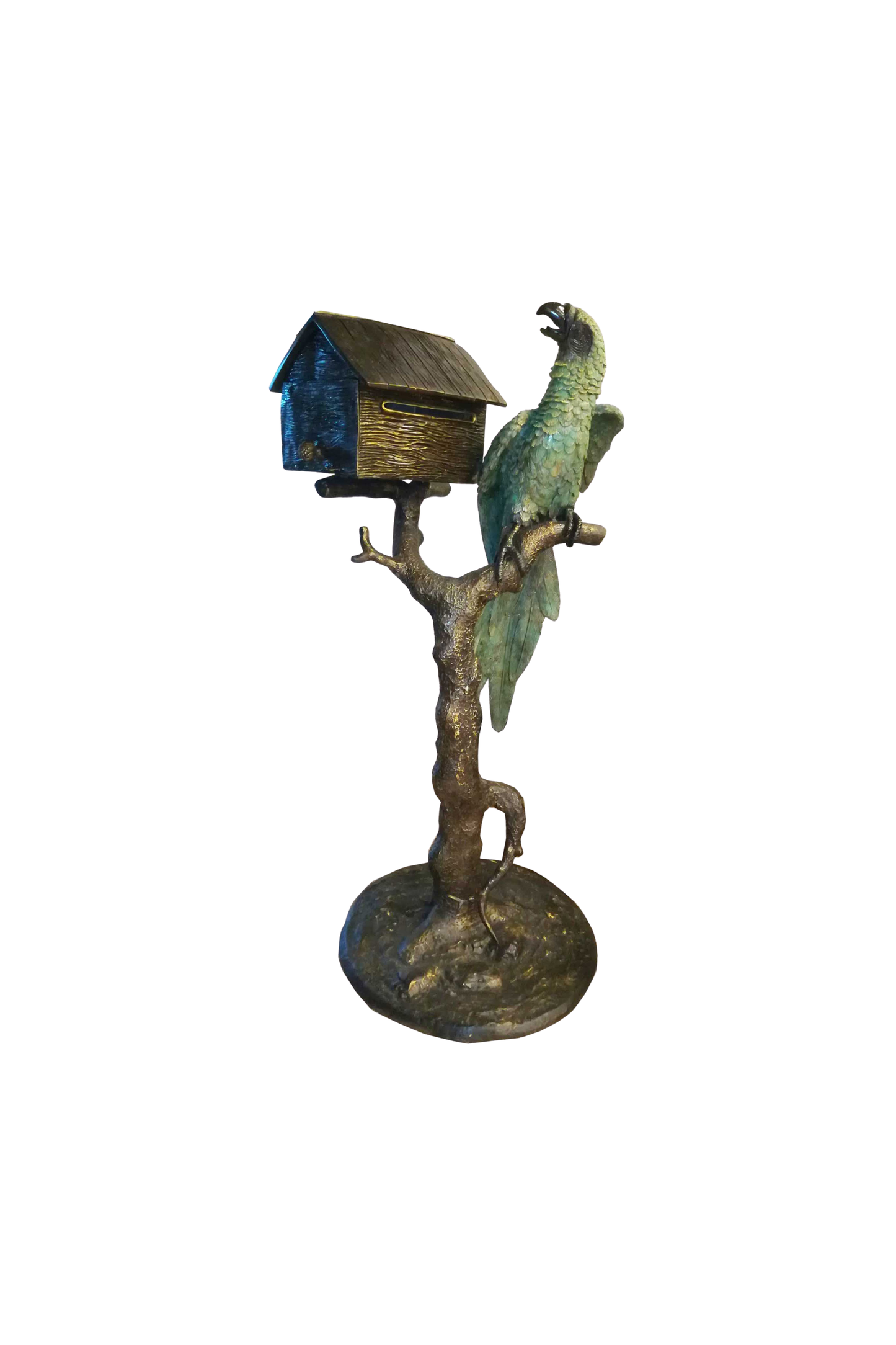 Statue of a parrot perched on a branch with a mailbox on a white background
