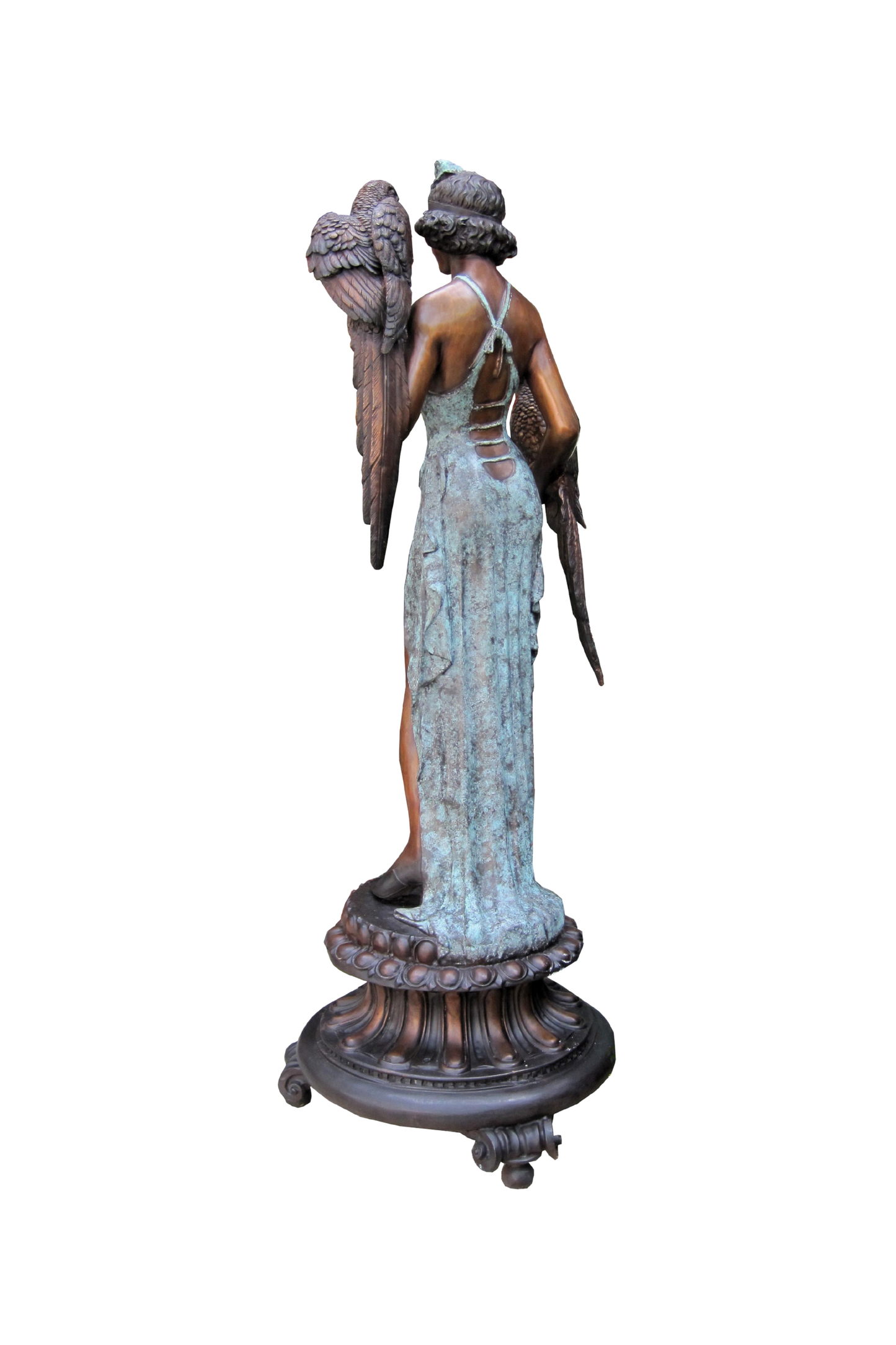 Bronze Statue of a woman holding two birds on a pedestal against a white background - back
