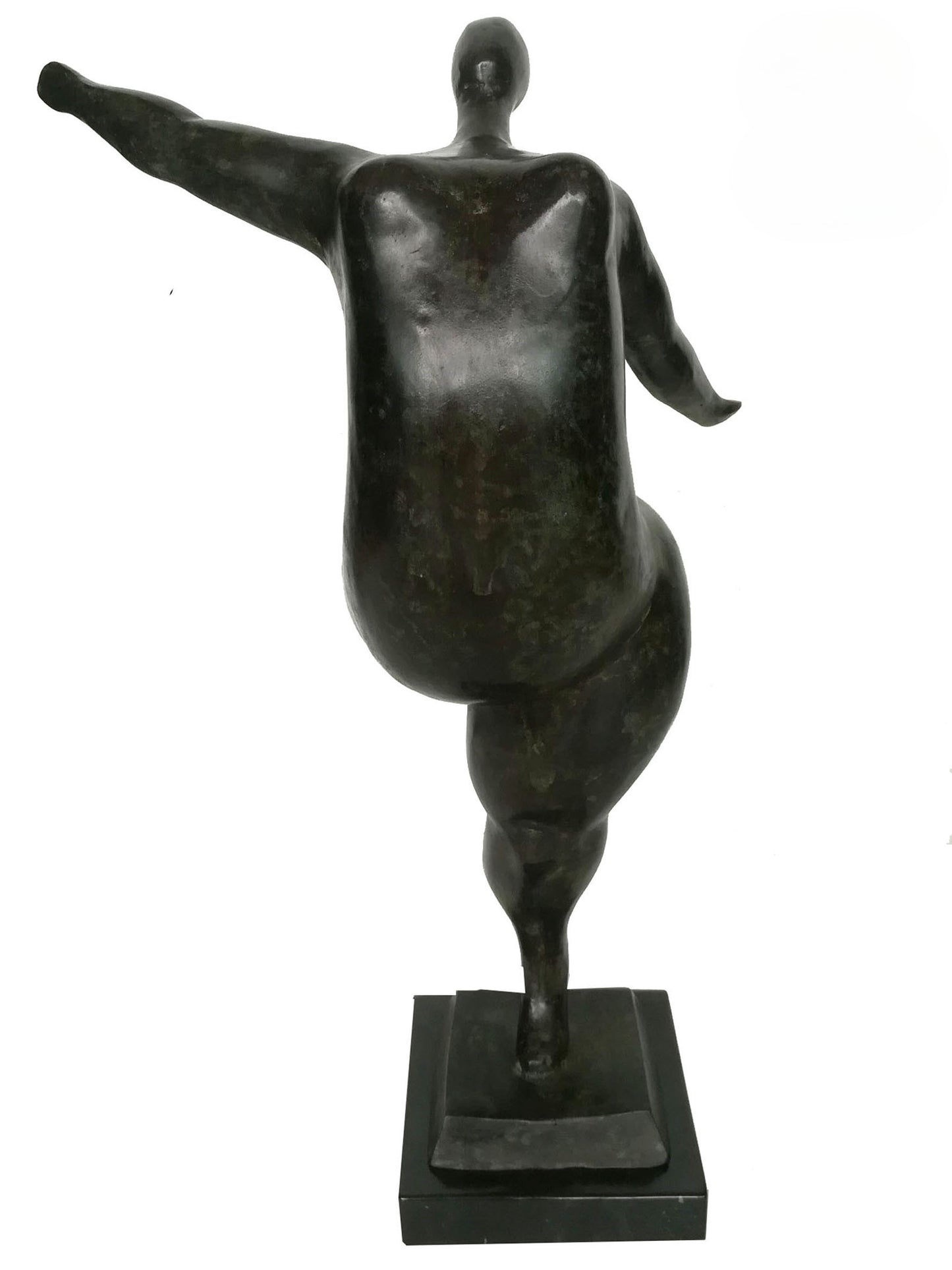 Bronze sculpture of a abstracted figure on a white background