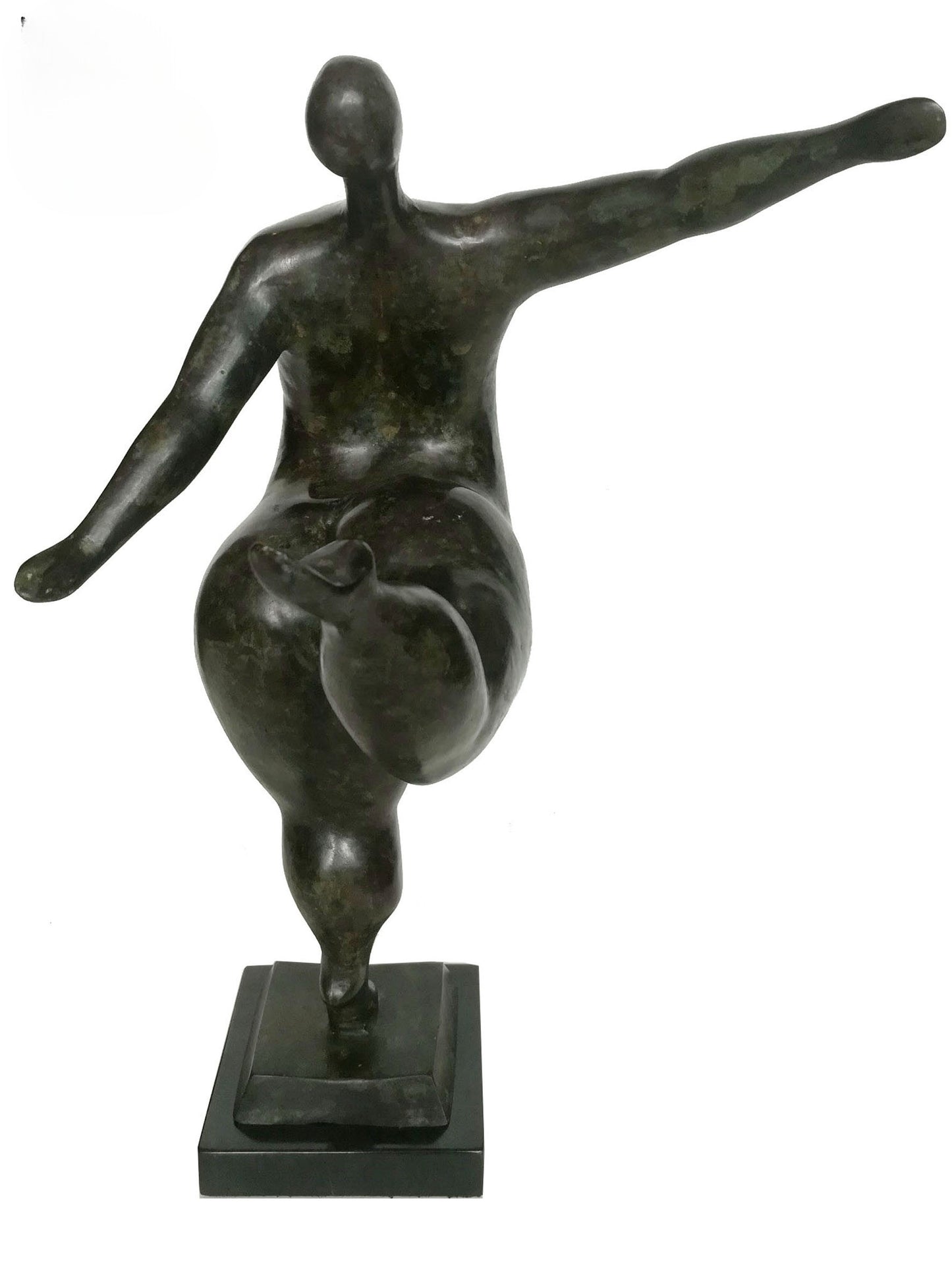 Bronze sculpture of a abstracted figure on a white background