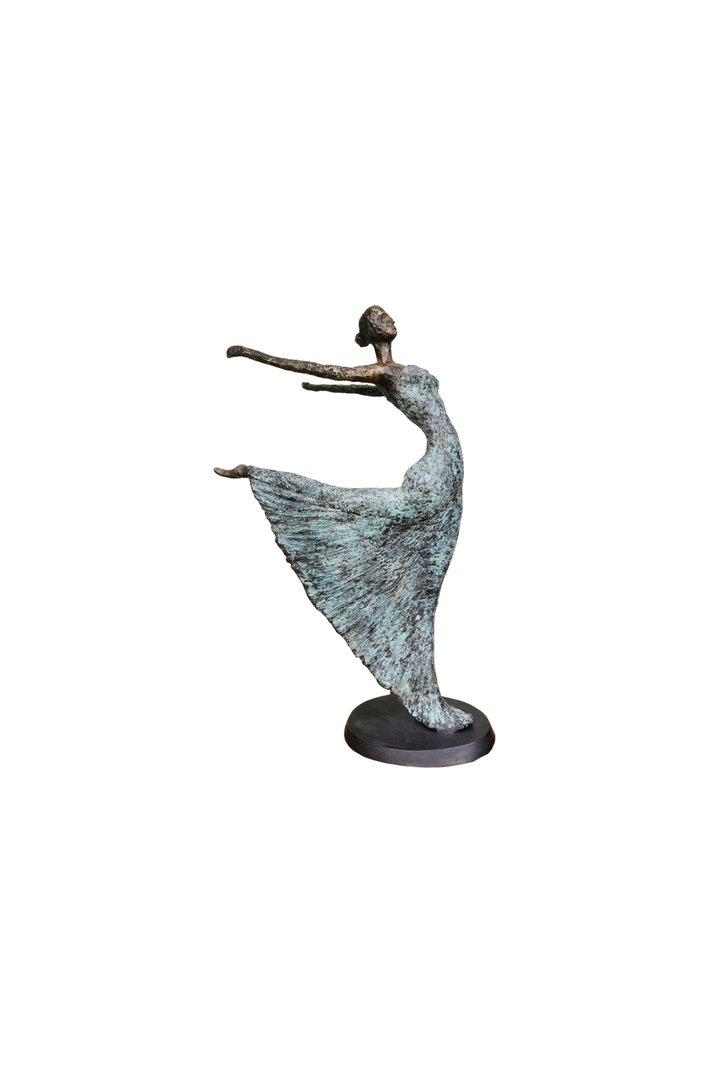 Bronze sculpture of a ballerina dancing on a white background