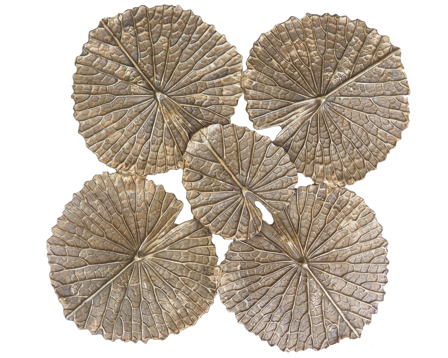 Four decorative stone coasters with leaf-like patterns on a white background