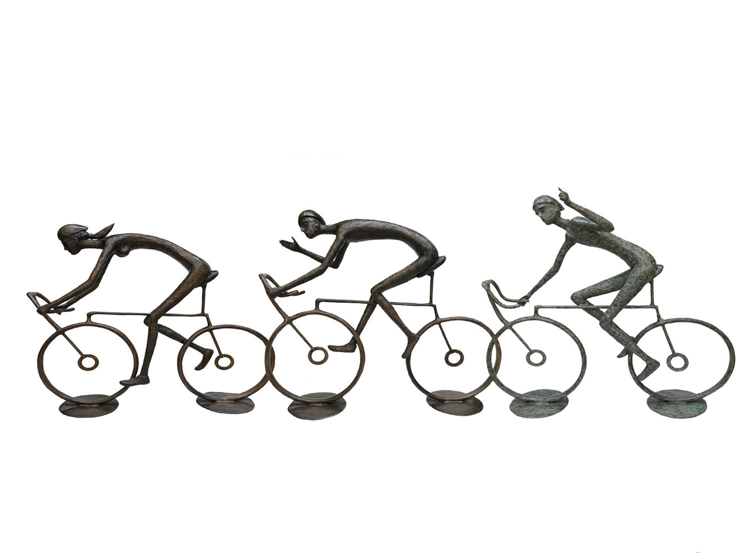 Bronze luxury handmade furniture sculpture of three cyclists, perfect for modern luxury decor, on a white background.