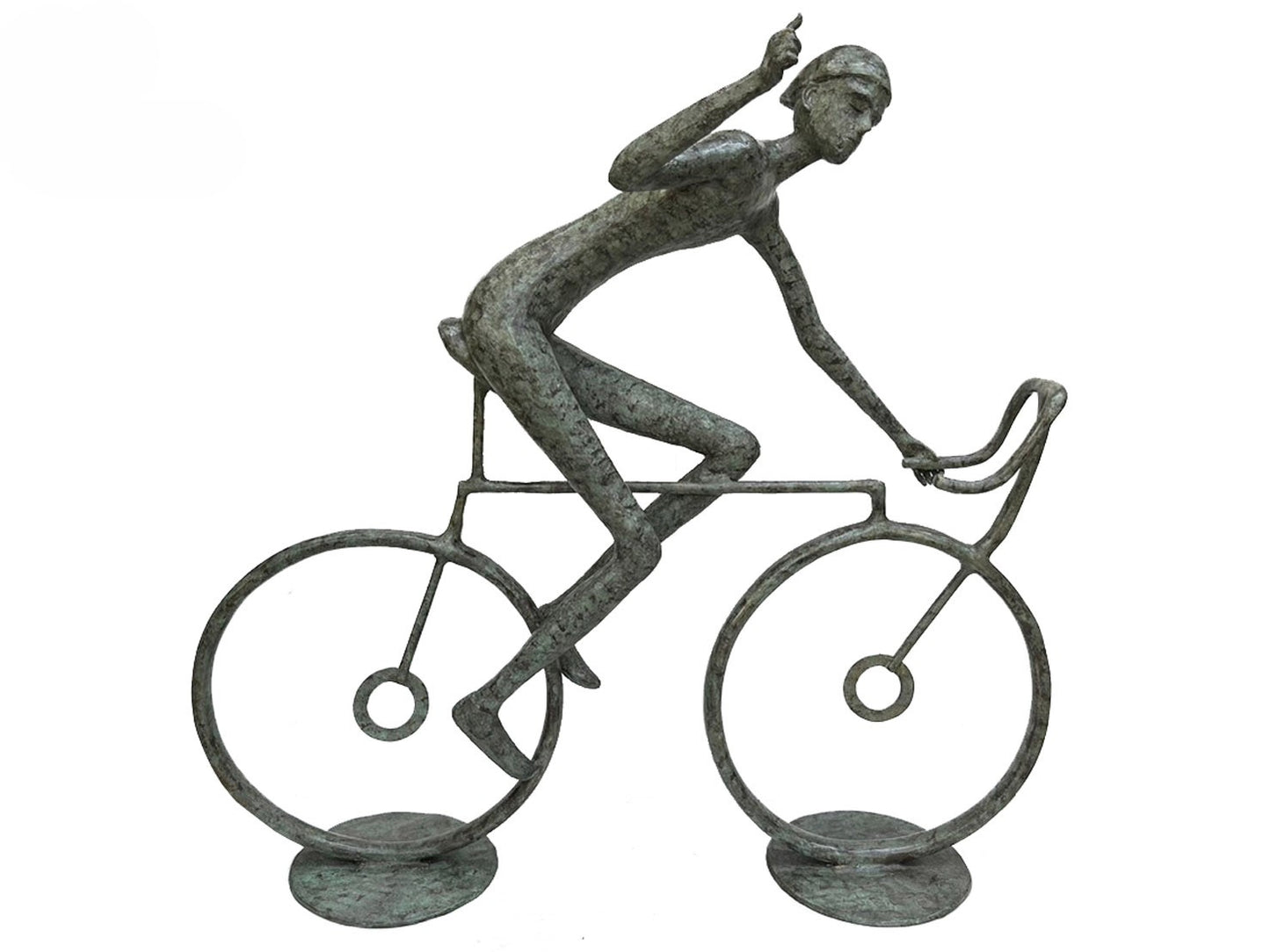 Bronze luxury handmade furniture sculpture of a cyclist, ideal for modern luxury decor, on a white background