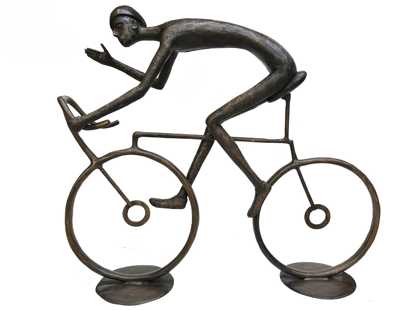 Bronze luxury handmade furniture sculpture of a cyclist waving, ideal for modern luxury decor, on a white background.