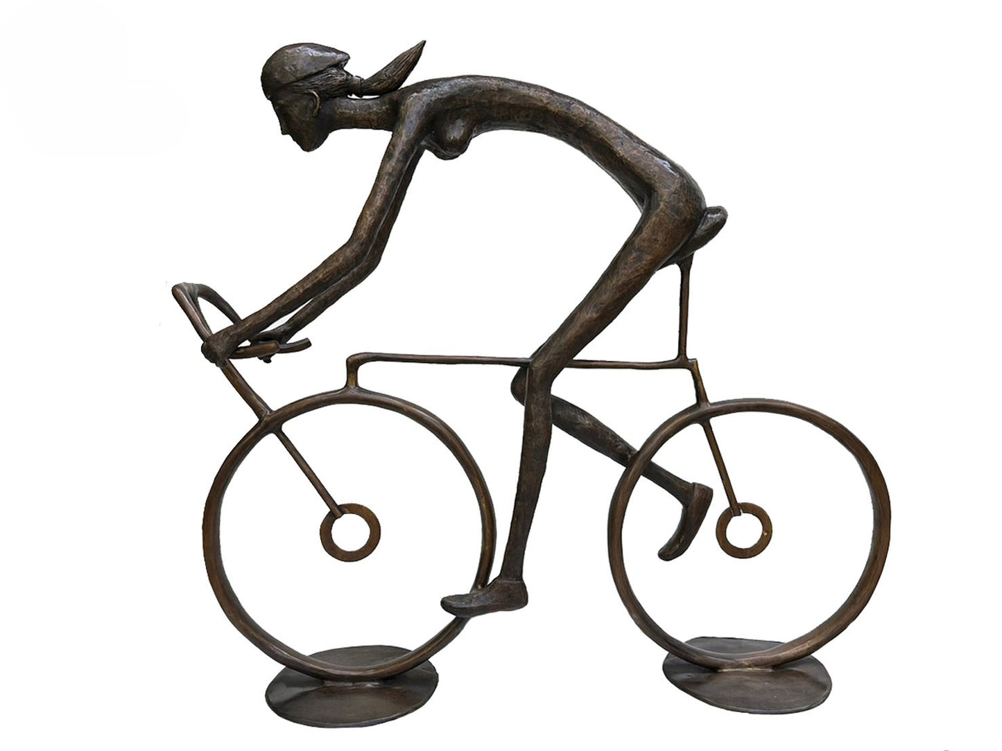 Bronze luxury handmade furniture sculpture of a cyclist, ideal for modern luxury decor, on a white background