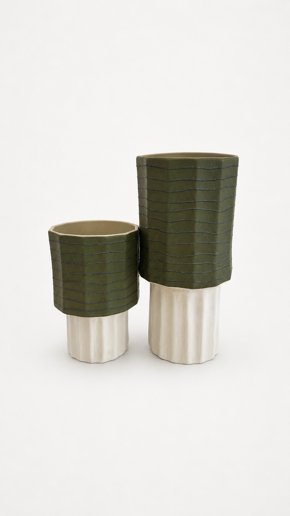 Ridged Ceramic Vase in Olive & Cream