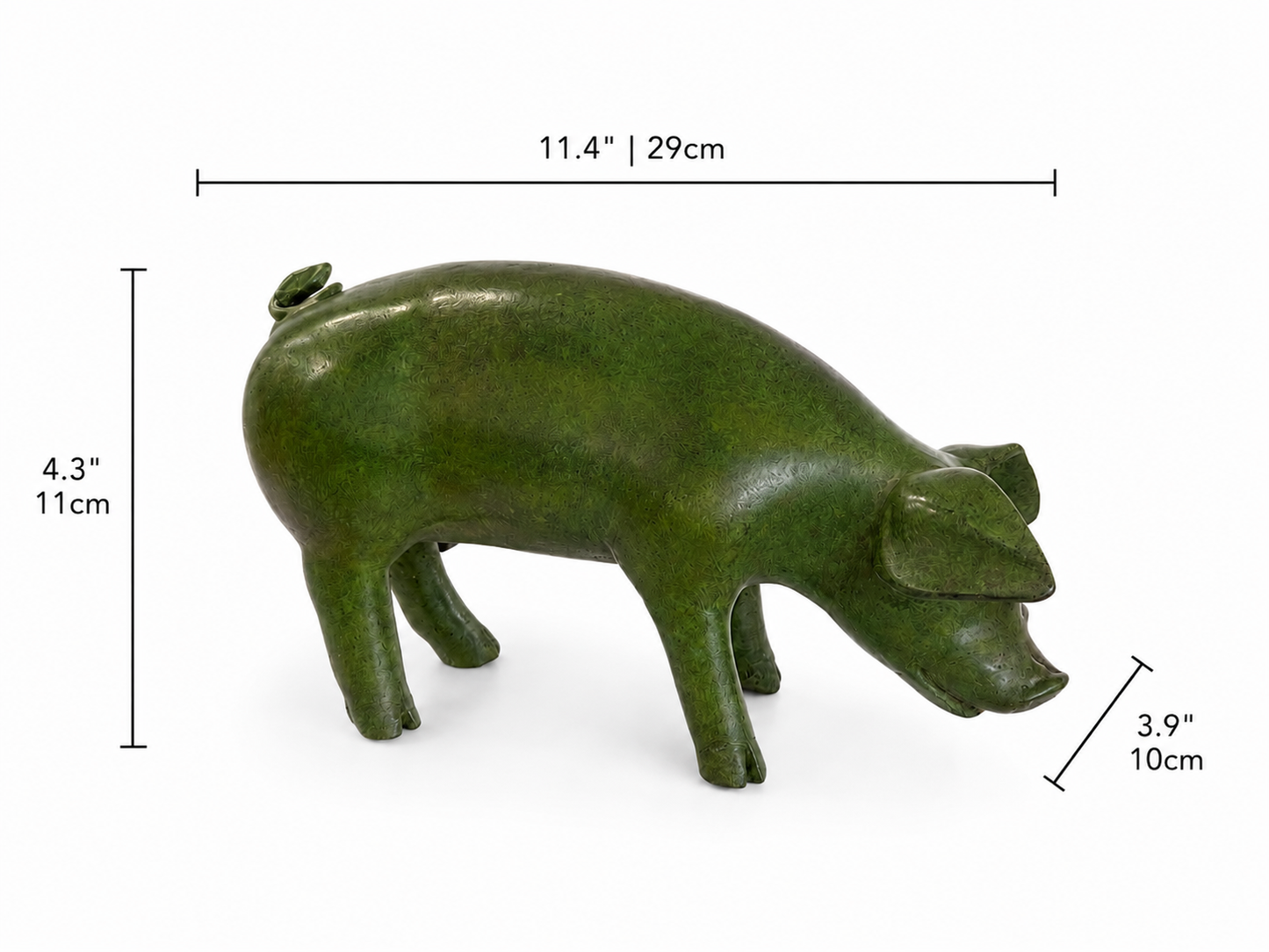 Green pig figurine with dimensions on a white background. Height 4.3 inches and 11cm. Width 3.9 inches and 10cm. Length 11.4 inches and 29cm.