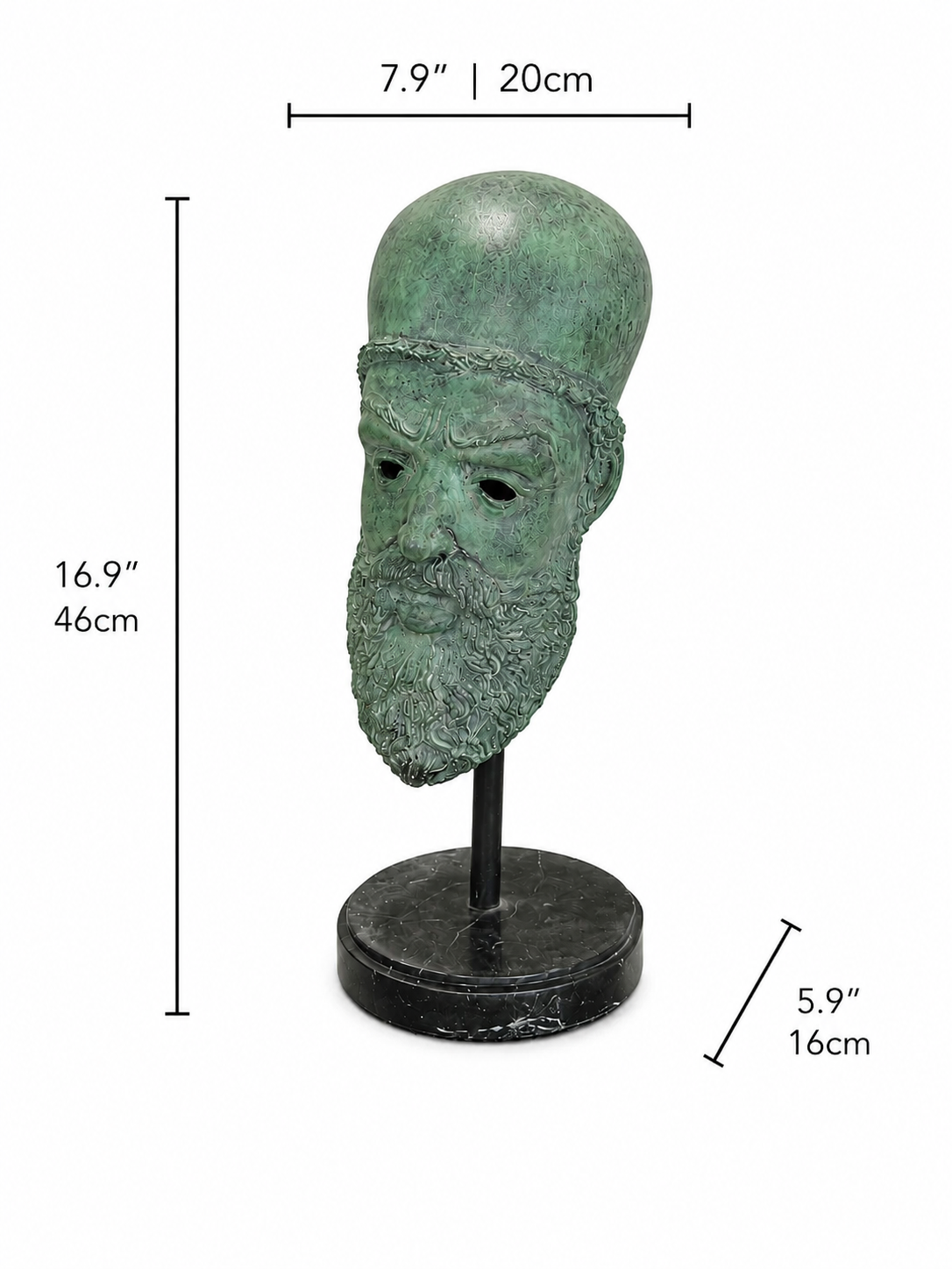 Green bronze mask on a stand and marble bottom against a white background with measurements. Height 16.9 inches and 46cm, width 5.9 inches and 16cm and length 7.9 inches and 20cm.