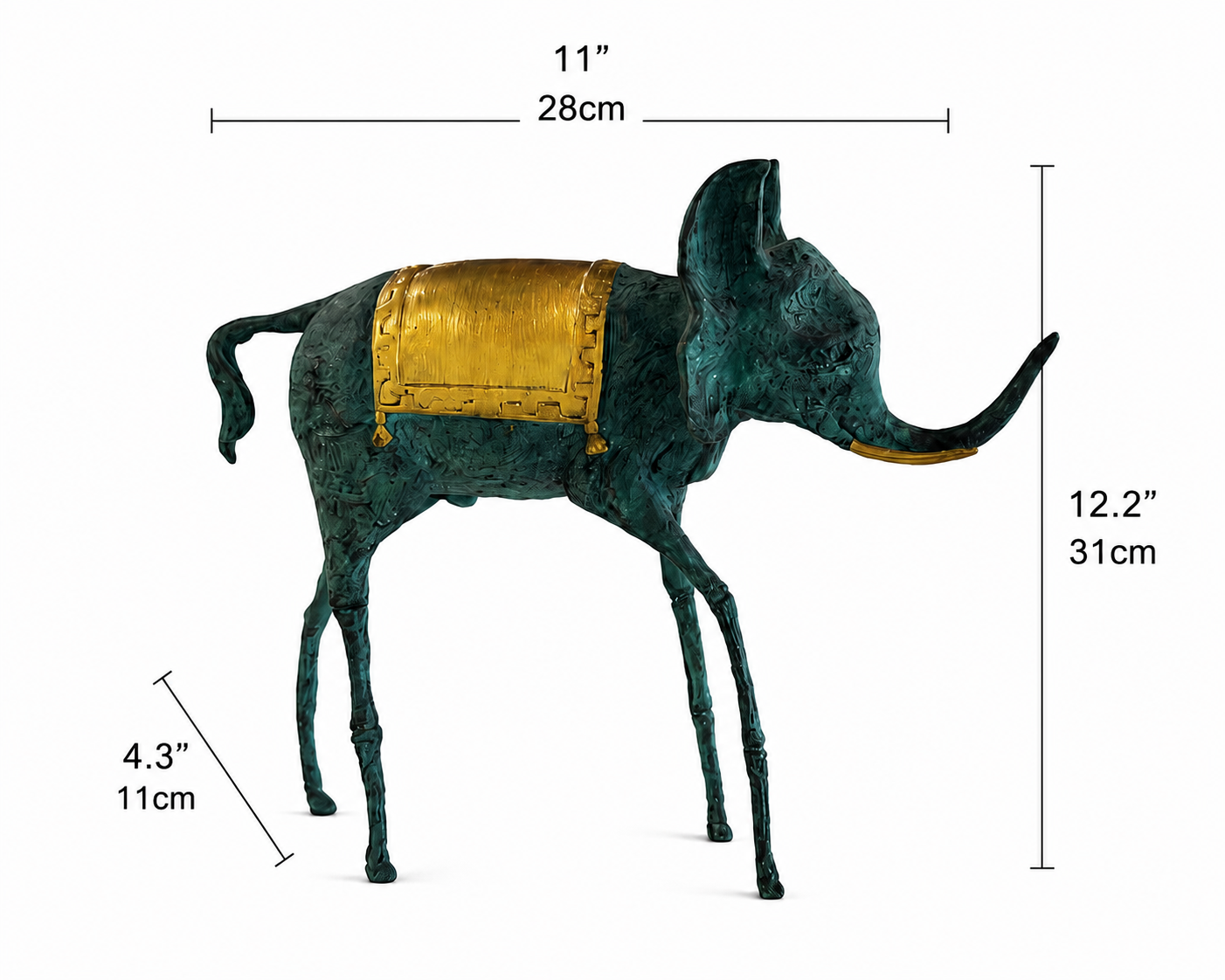 Decorative elephant figurine with gold saddle, shown with measurements on a white background. Height 12.2 inches and 31cm. Length 11 inches and 28cm. Width 4.3 inches and 11 cm.