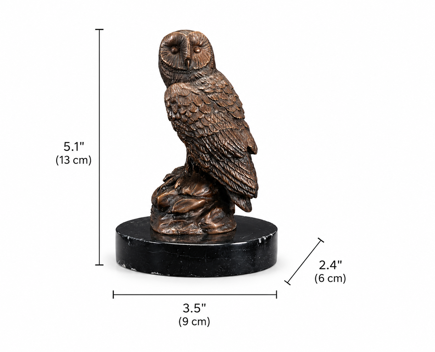 Bronze owl statue on a black marble base with measurements indicated. Height 5.1 inches and 13 cm, width 2.4 inches and 6cm and length 3.5 inches and 9cm