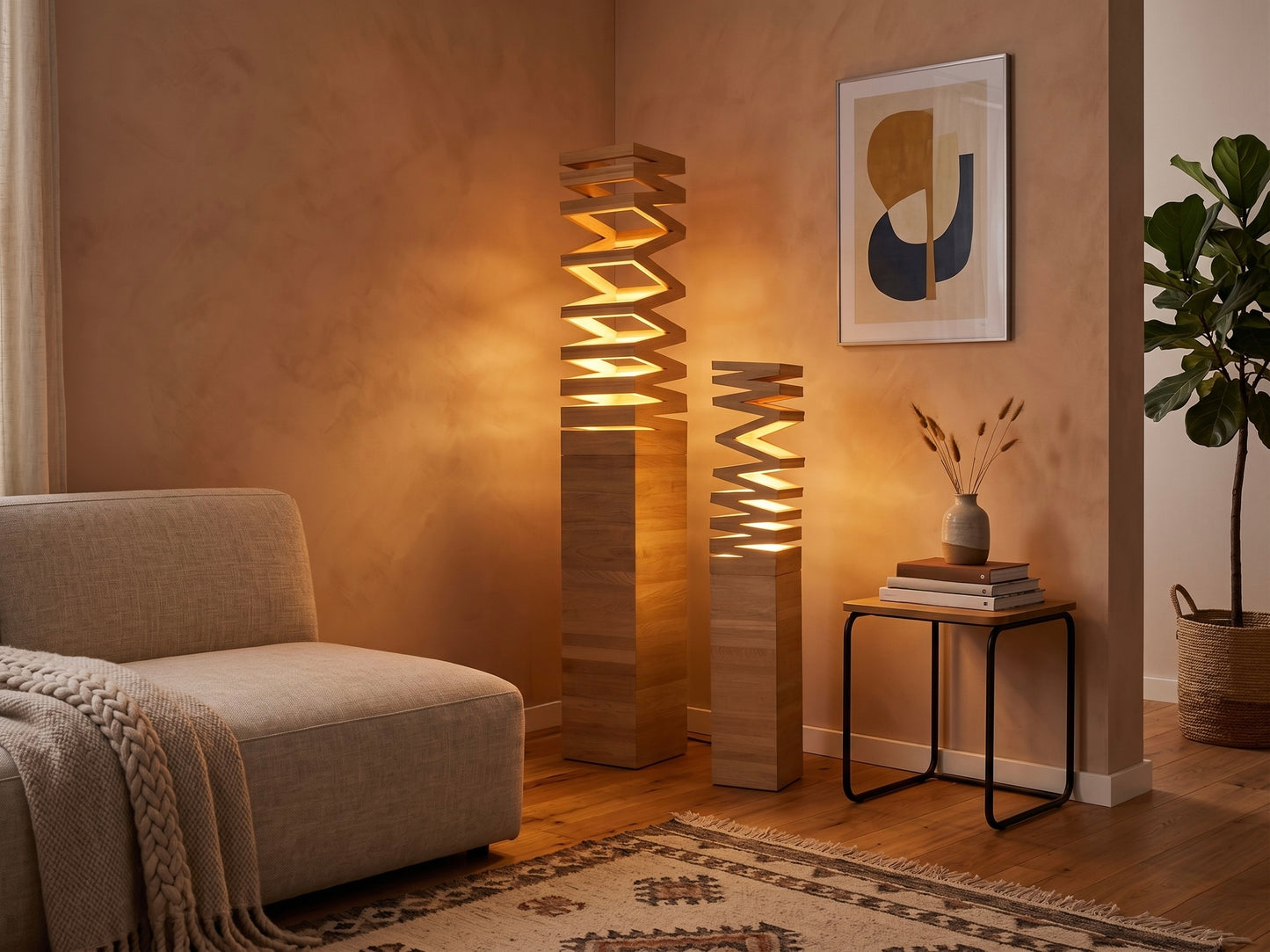 Modern living room with a textured wall, floor lamp, and decor items.