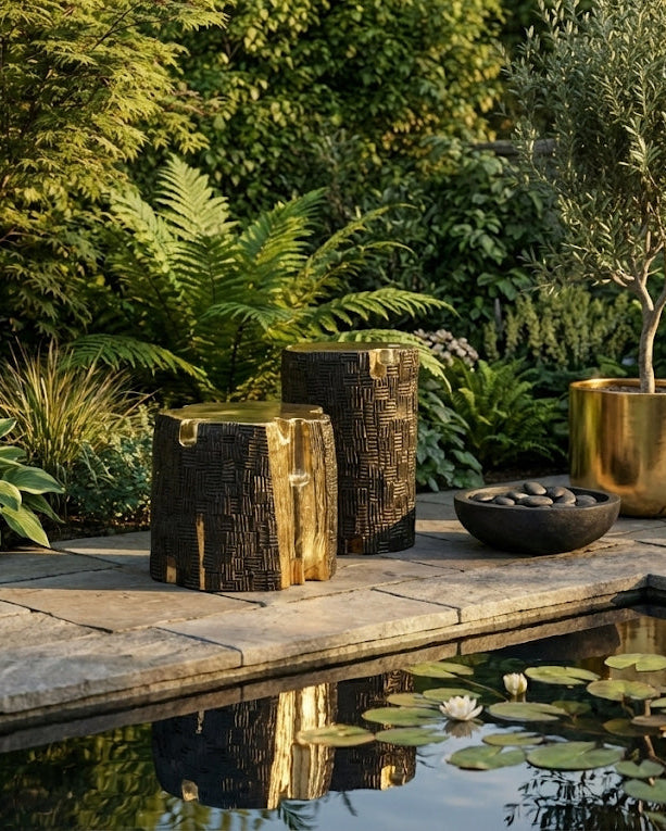 Decorative garden with stone stools, gold planters, and a pond with lily pads.