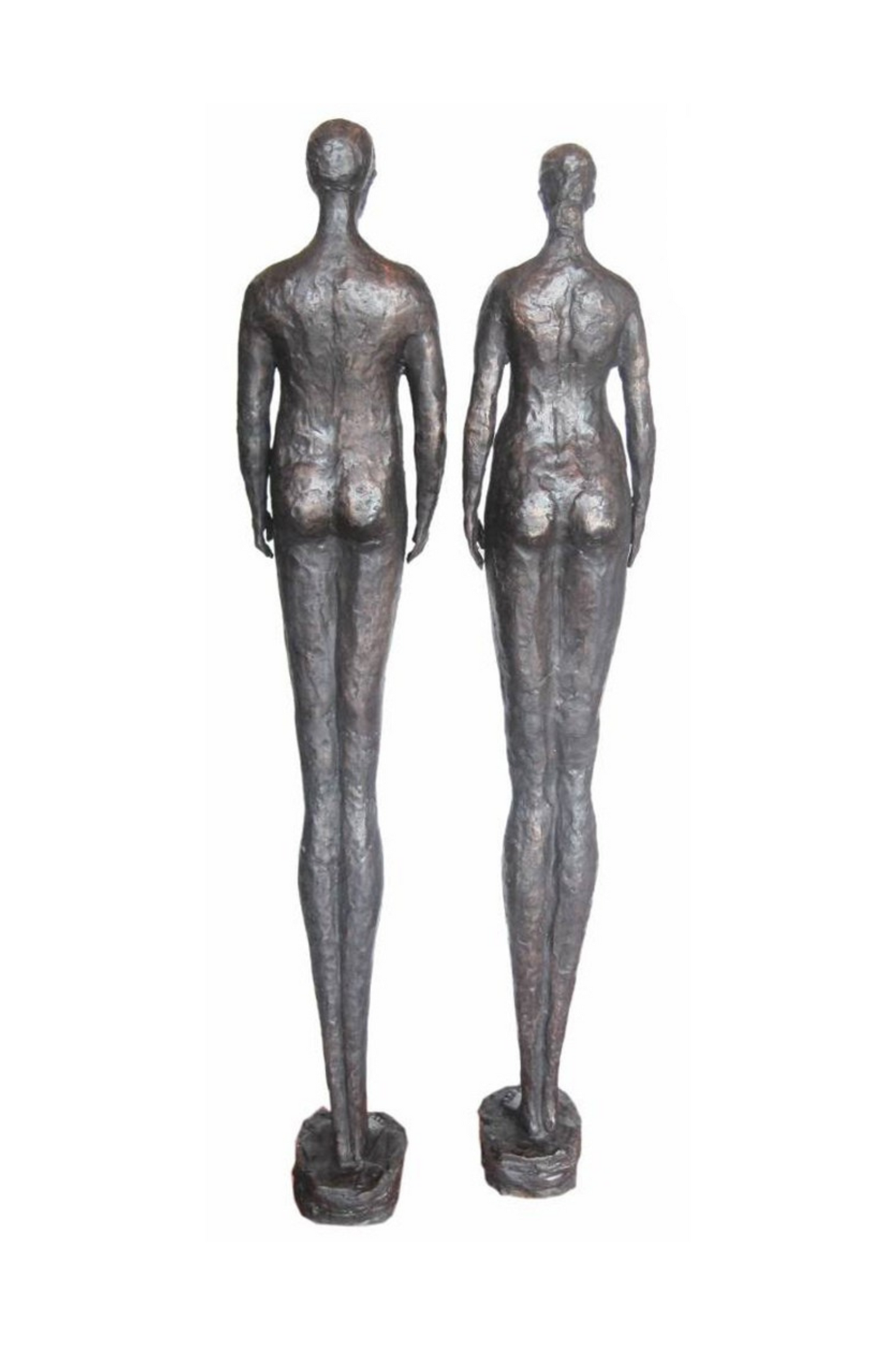 Two bronze luxury handmade furniture statues of standing figures, ideal for modern luxury decor, on a white background. - back side