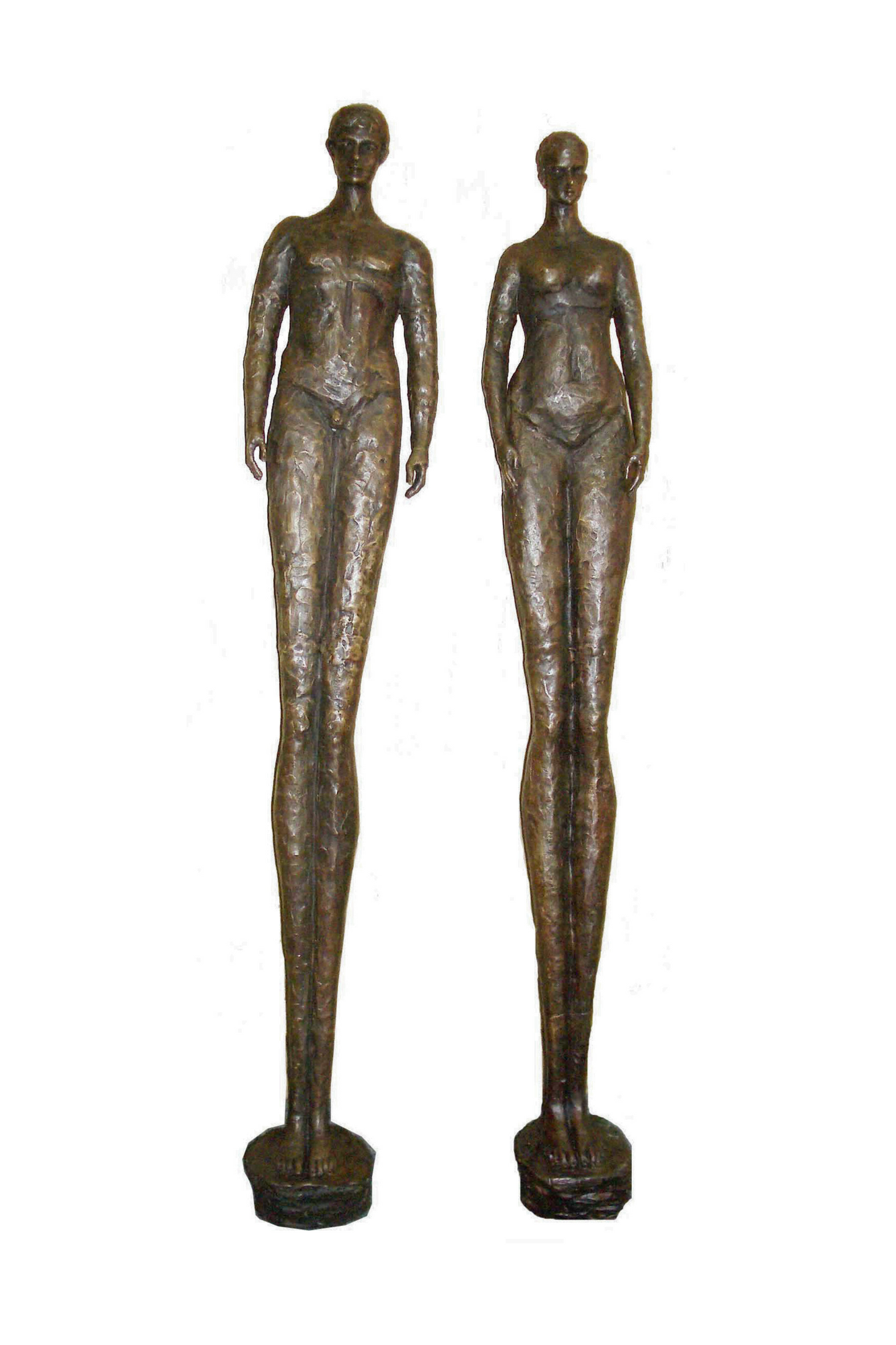 Two bronze luxury handmade furniture statues of standing figures, ideal for modern luxury decor, on a white background.