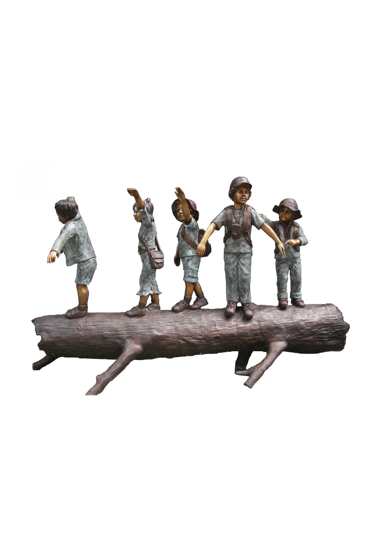 Bronze luxury handmade furniture sculpture of five children sitting on a log, perfect for modern luxury decor, on a white background.