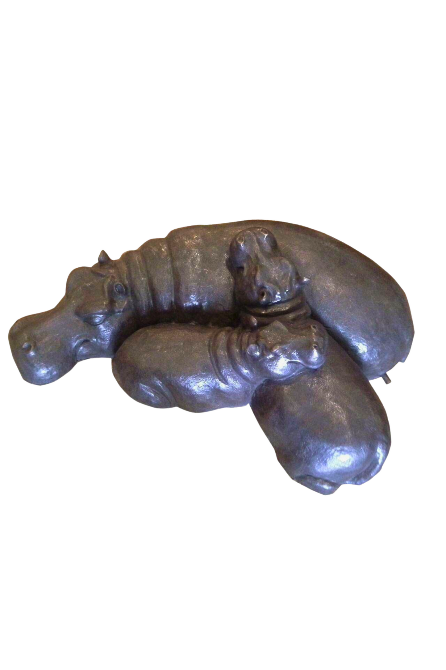 Bronze luxury handmade furniture sculpture of three hippos in the water, ideal for modern luxury decor, on a white background.