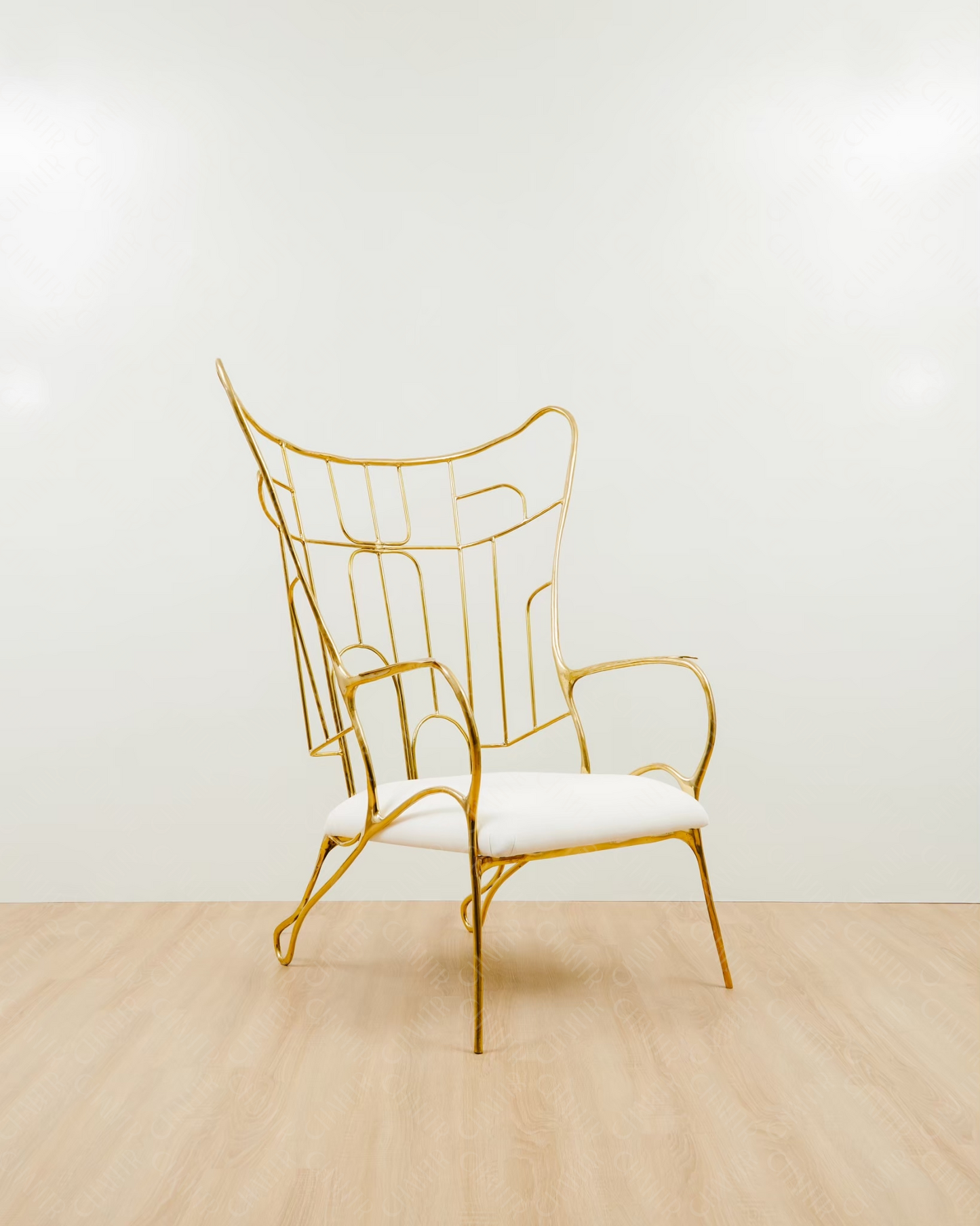 Side Angle - Gold brass luxury handmade furniture wire chair with white cushion, perfect for modern luxury decor, on a plain white background.