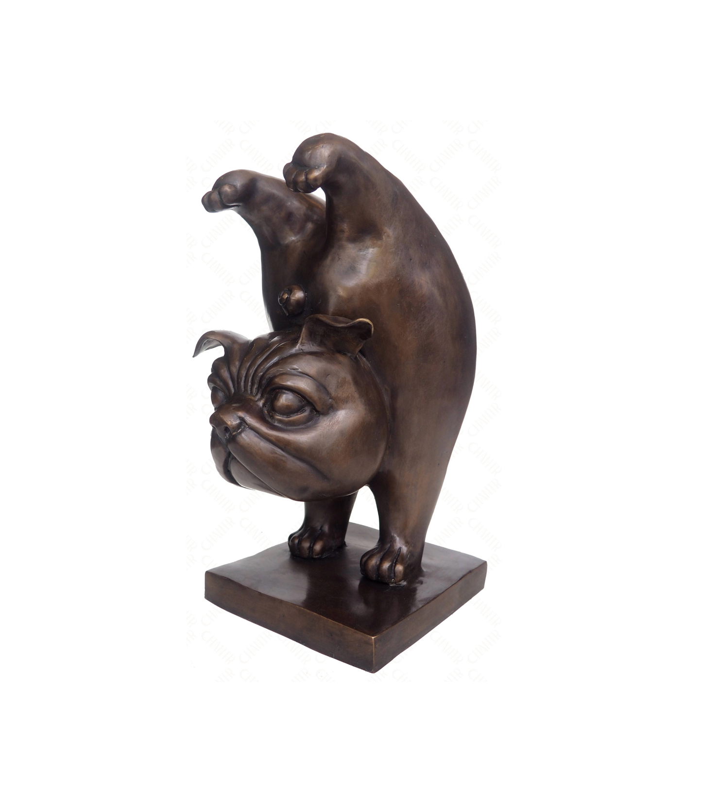 Bronze luxury handmade furniture sculpture of a pug standing on another pug’s hand, ideal for modern luxury decor, on a white background.