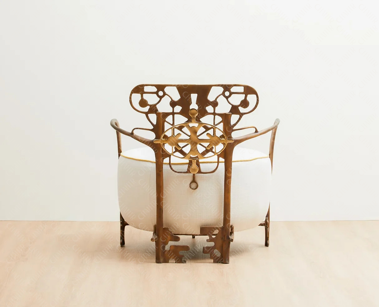Back angle - Decorative gold brass luxury handmade furniture chair with intricate metal frame, ideal for modern luxury decor, on a white background.