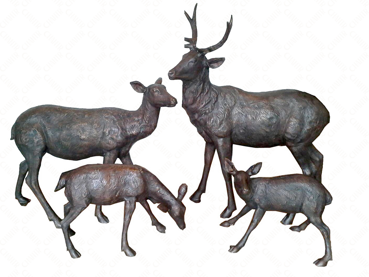 Set of four bronze luxury handmade furniture deer sculptures in various sizes, perfect for modern luxury decor, on a white background.