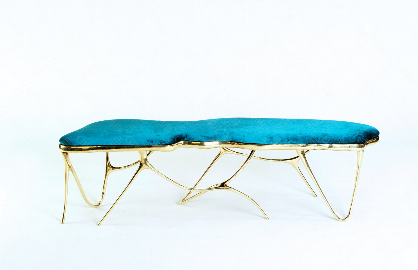 Gold brass luxury handmade furniture bench with turquoise cushion with modern design, ideal for modern luxury decor, on a white background.