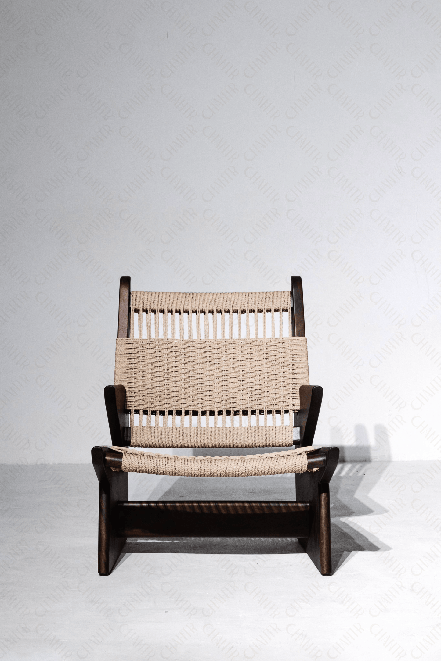 Straight angle - Woven luxury handmade furniture chair with acacia wood frame, perfect for modern luxury decor, on a white background.