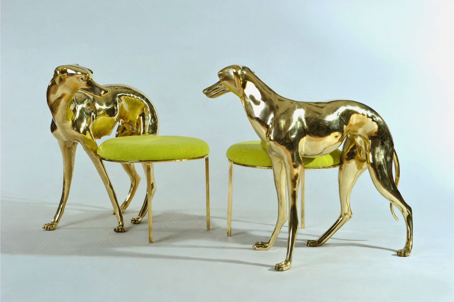 Two gold brass luxury handmade furniture dog-shaped chairs with neon yellow cushioned seats, ideal for modern luxury decor, on a white background.